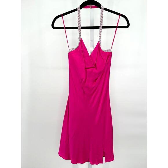 ASTR the Label Sicily Fuchsia Satin Halter Rhinestone Trim Mini dress Small‎ - Picture 3 of 11
